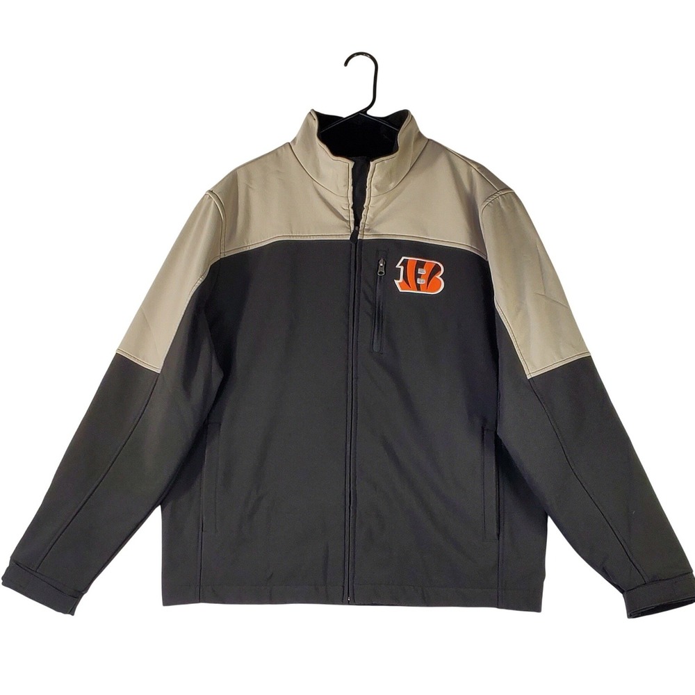 NFL Cincinnati Bengals Mens Large Softshell Full Zip Jacket Black Tan Two Tone
